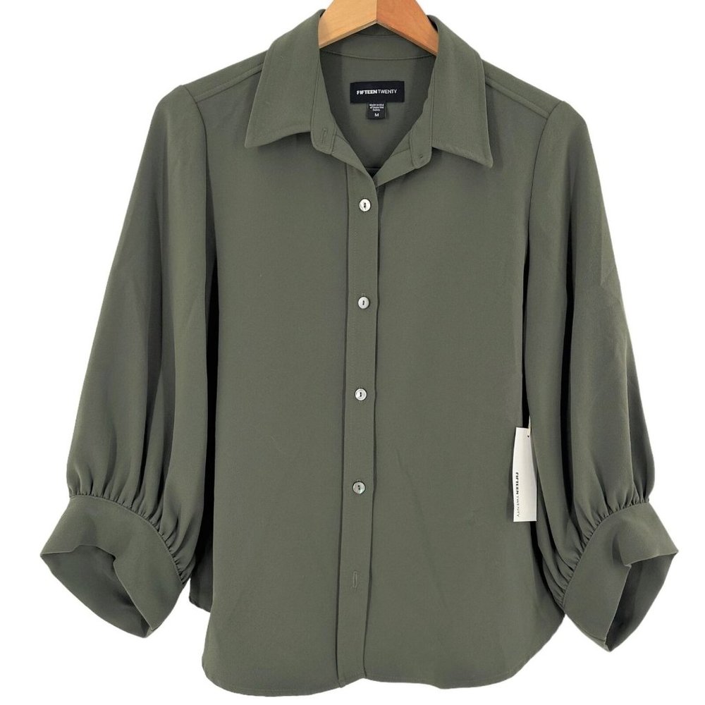 NEW/NWT Fifteen Twenty Olive Green Balloon Sleeve Button Front Shirt Size Medium